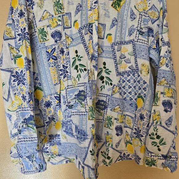 J Crew Linen Blend Coastal Patchwork Lemons Button Up Shirt XL Euro Summmer NWT - Picture 6 of 16